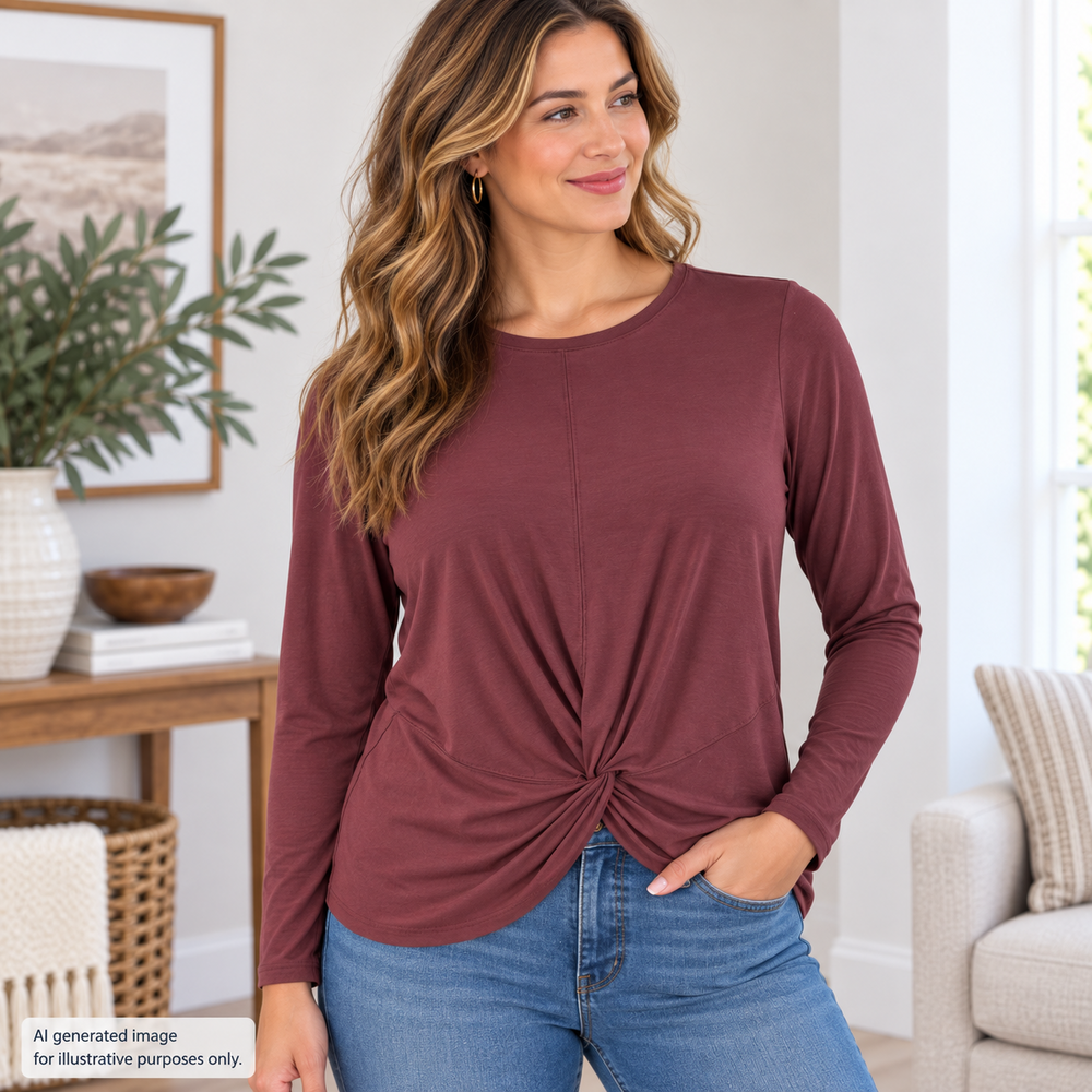 Athleta Shirt Women Large Maroon Center Seam Knot Front Thumbhole Soft Stretch